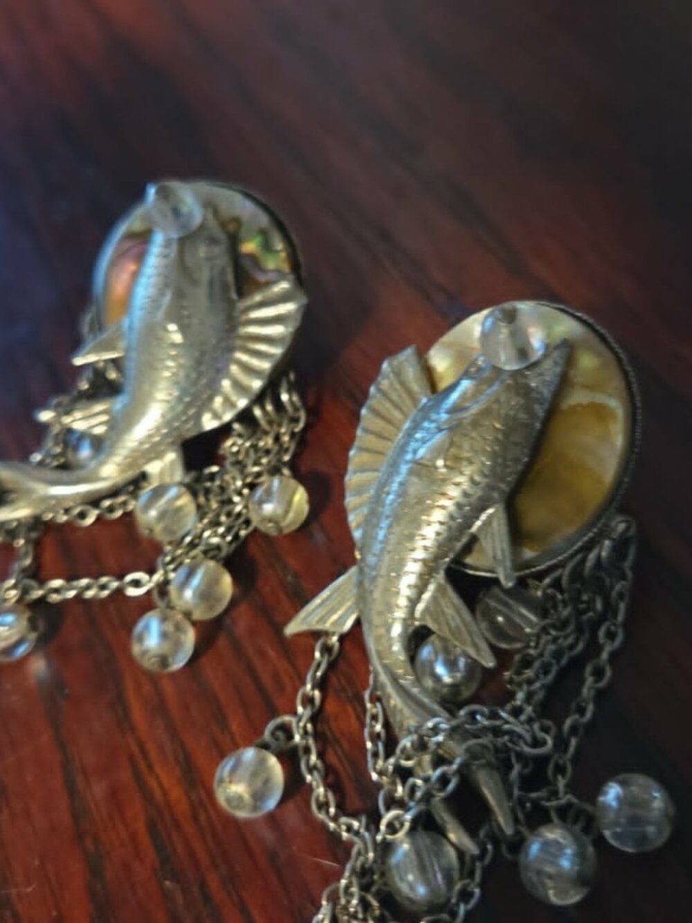 VTG 80s Abalone Shell Marlin Fish Statement Earrings | Mermaidcore Dangle Chains